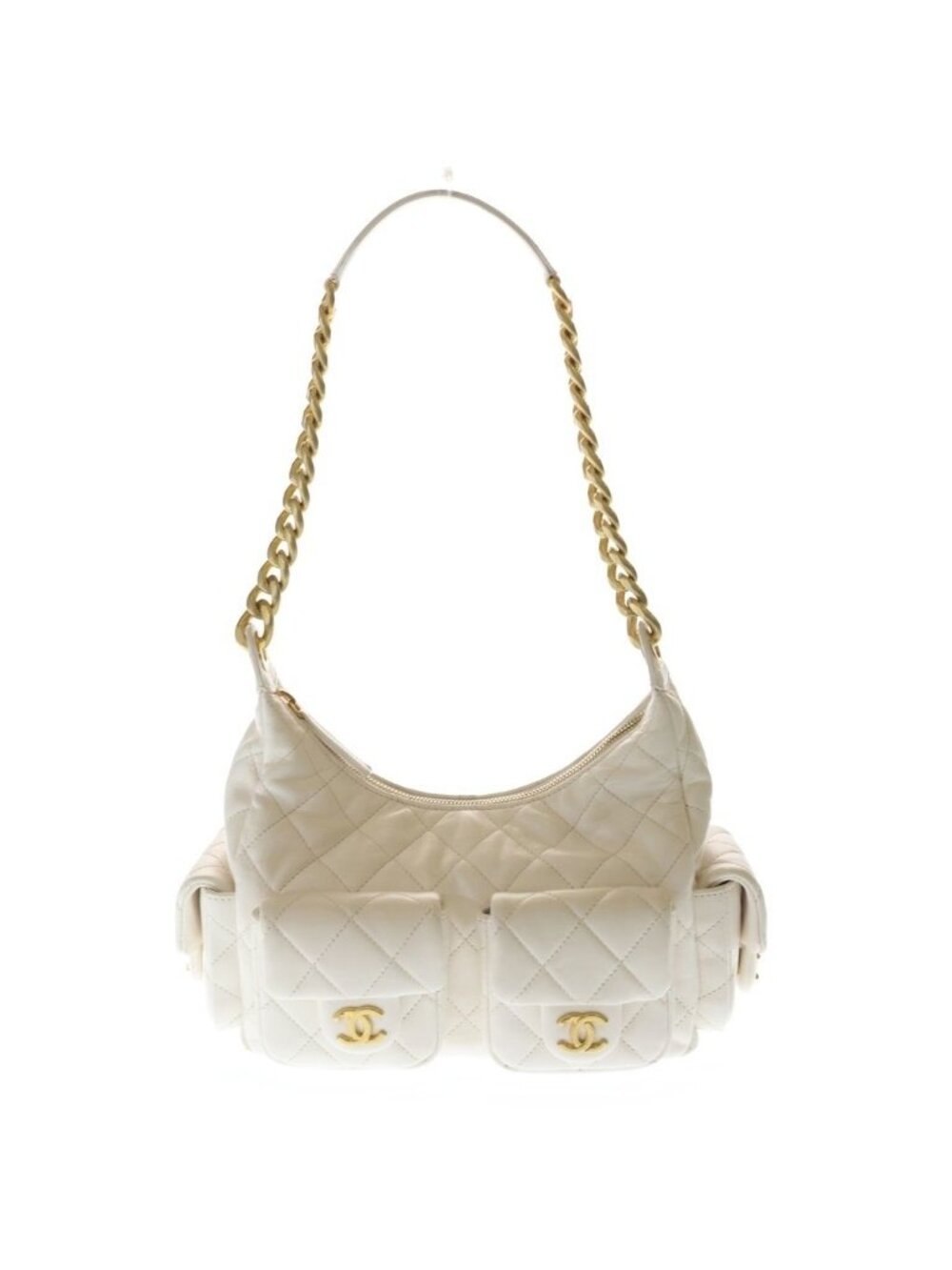 Chanel Quilted Large Hobo Chain Shoulder Bag Lambskin Gold White